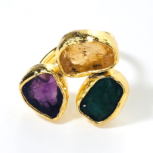 Jewelry - 24K Yellow Gold Plated Citrine Amethyst Emerald Stone Adjustable Boho Ring